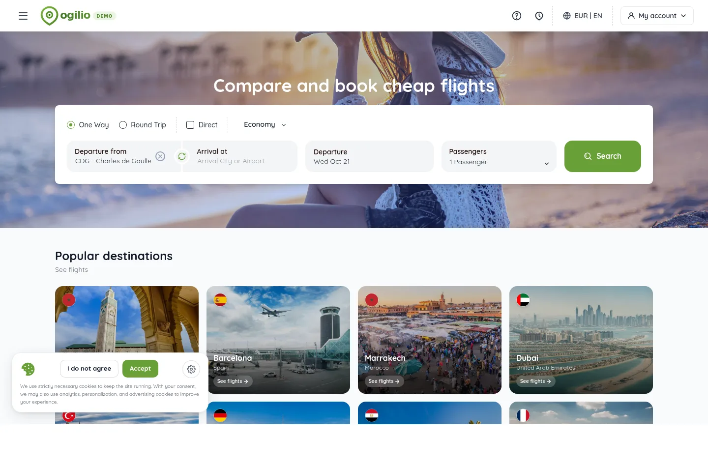 Ogilio public demo flight search with airports, date and passengers