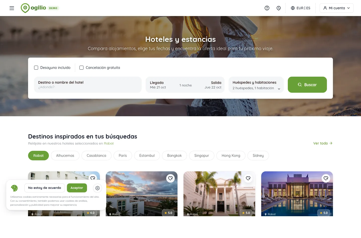Interfaz real de búsqueda de hoteles Ogilio en español