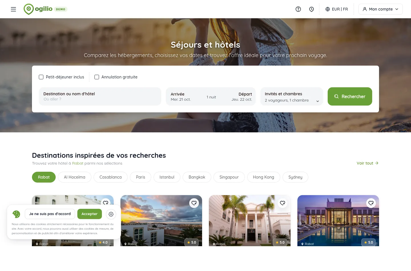 Interface réelle de recherche d’hôtels Ogilio en français